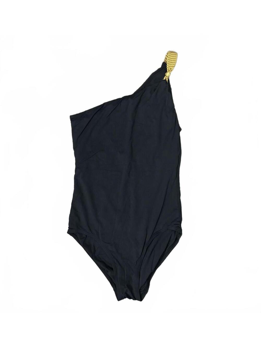 Carmen Marc Valvo One-Shoulder Black Swimsuit with Gold Strap Sz 12